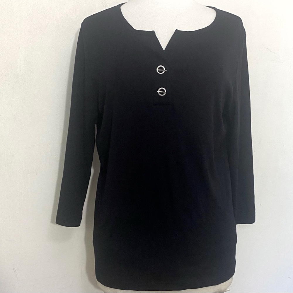 Karen Scott Toggle Ring Detail Black 100% Cotton Knit Long Sleeve Top L